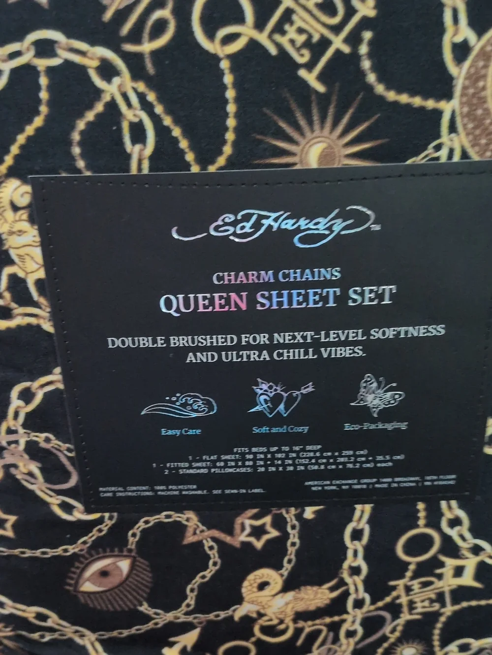 ED HARDY Black Sheet Set with Gold Chain & Crescent Print Queen Brand New